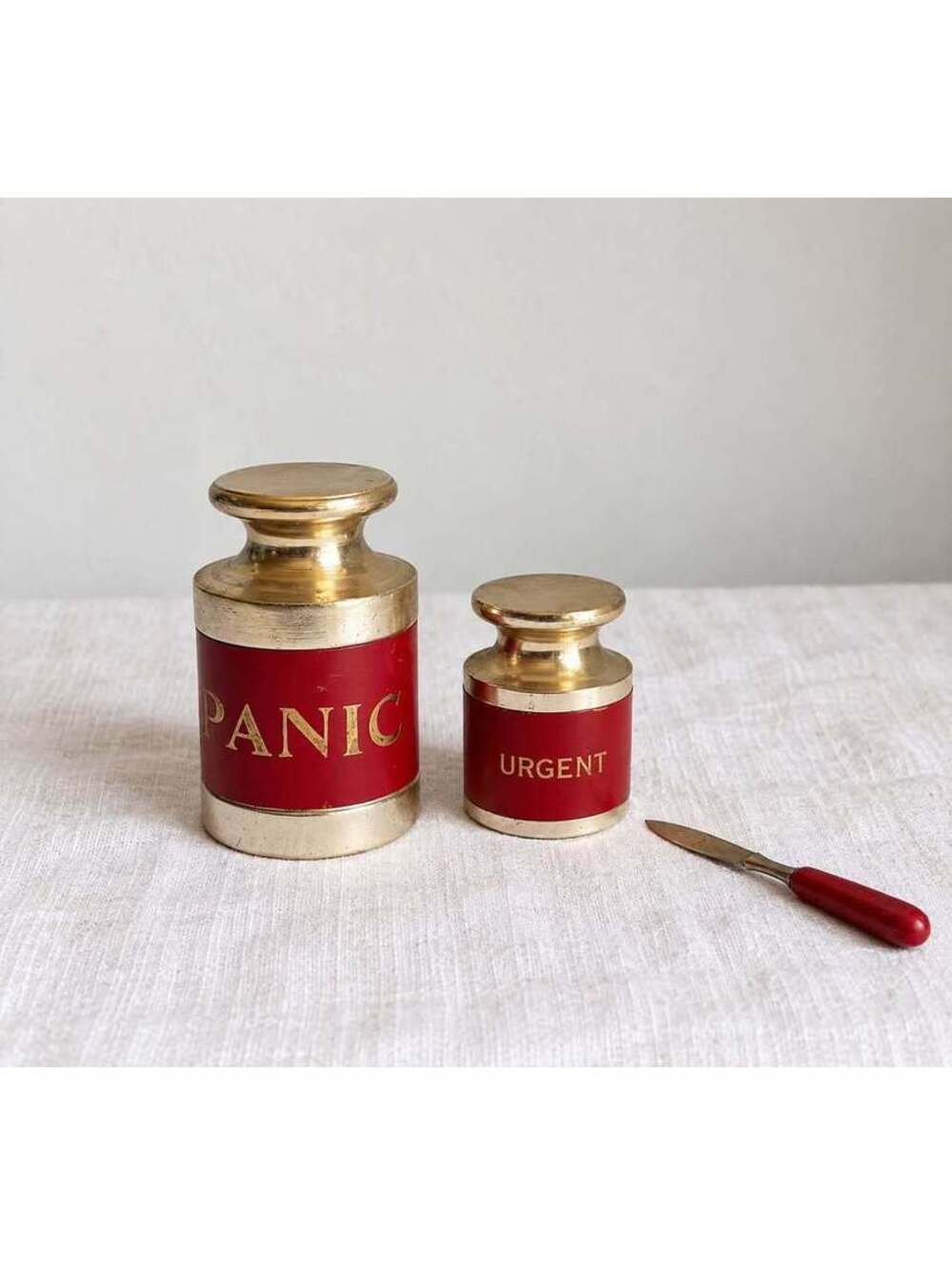 Vintage Made in England PANIC URGENT Desk Paperweights Letter Opener Set
